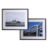 Two original photographs of Brunel Bridge and L12 frigate, both framed and glazed, 28cm x 39cm these