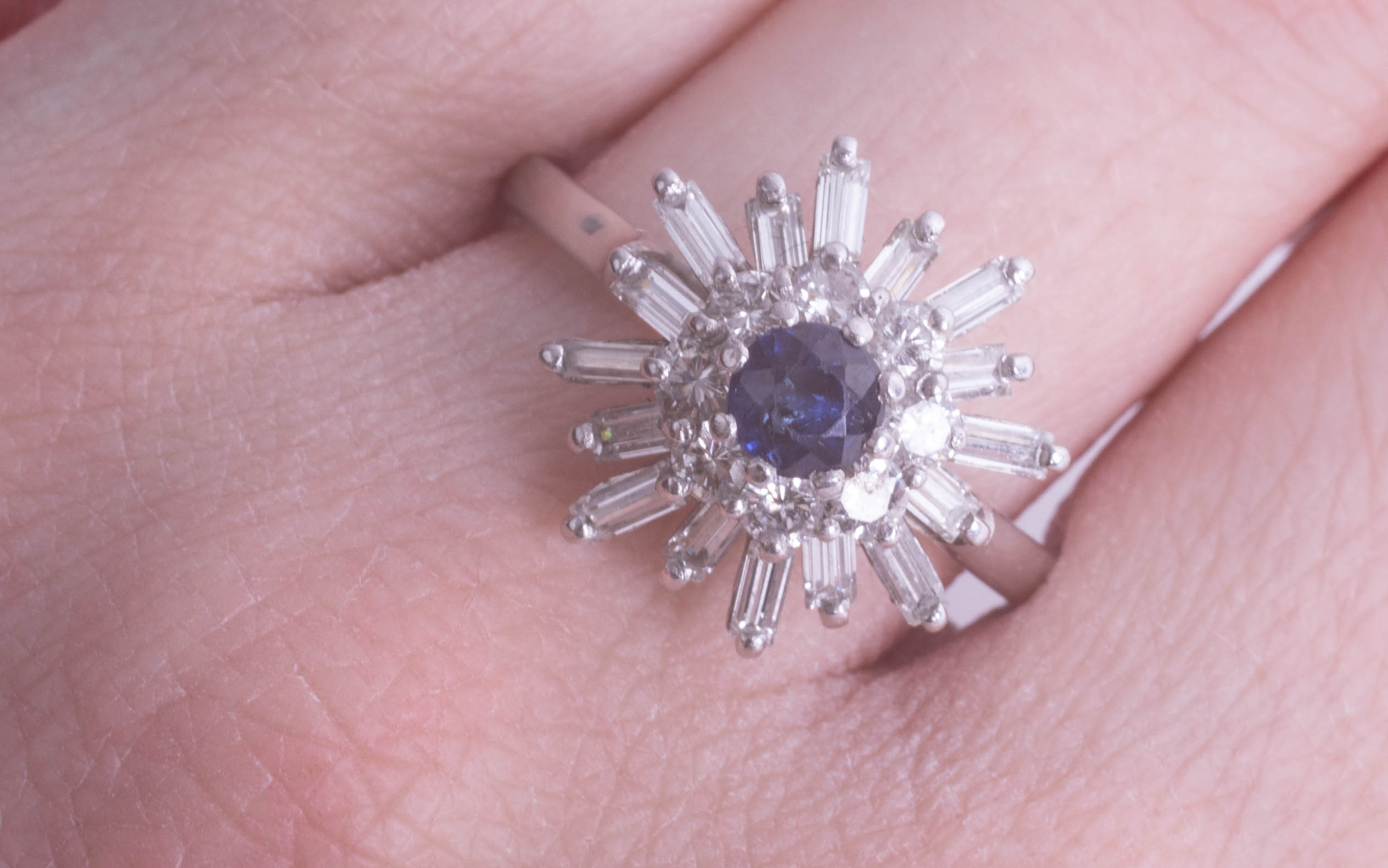 A platinum diamond and sapphire ring set with baguette and round cut diamonds, size U, - Image 2 of 2