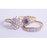 An 18ct amethyst and diamond cluster ring, together with two other dress rings (3) two 18ct approx