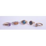 Four 9ct gold dress rings, approx 12.50g, together with a unmarked yellow metal and opal set dress