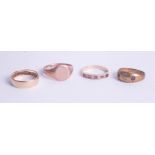 Four various gold dress rings including wedding band, one 18ct approx 2.1g, one 9ct approx 2.7g (two