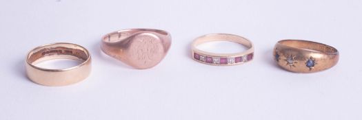 Four various gold dress rings including wedding band, one 18ct approx 2.1g, one 9ct approx 2.7g (two