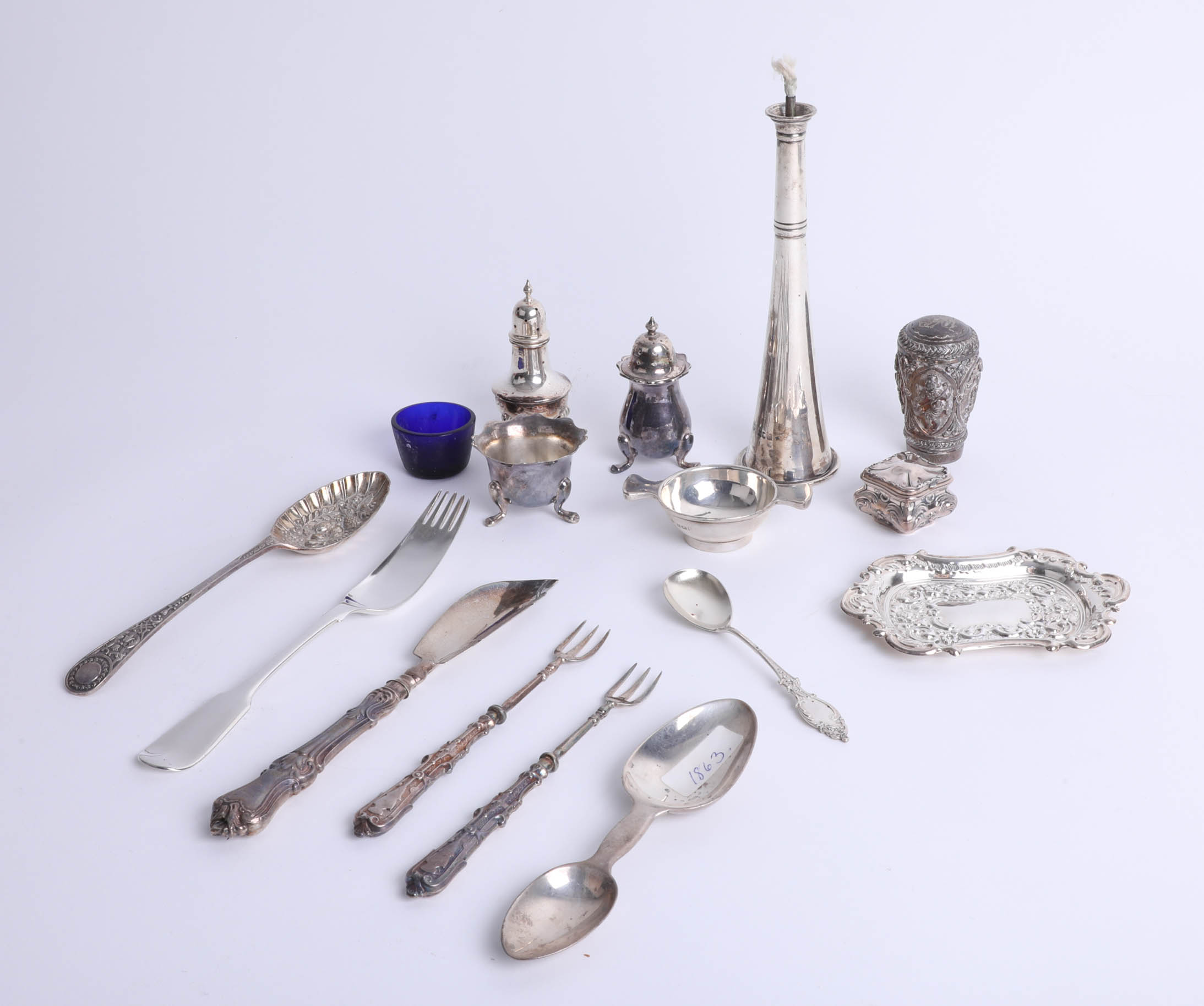 A collection of various silver items, including Victorian double spoon, small silver box,