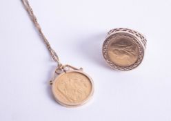 A Victoria 1899 half sovereign pendant on fine chain, together with an 18ct 1897 half sovereign