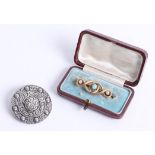 An antique 15ct gold brooch set with turquoise and pearl together with a silver Iona Scottish