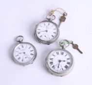 Three various silver open faced pocket watches.