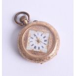 A Victorian 18ct ladies fob watch with patterned casing with enamel flower back plate with pretty