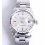 Rolex, a gents stainless steel Oyster Perpetual Date wristwatch, with silver baton dial, marked '
