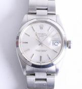 Rolex, a gents stainless steel Oyster Perpetual Date wristwatch, with silver baton dial, marked '