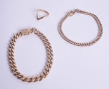 Two 9ct bracelets and a wishbone ring, approx 28.50g.