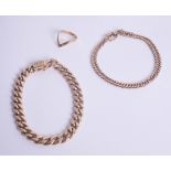Two 9ct bracelets and a wishbone ring, approx 28.50g.