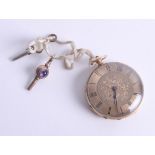 An antique 18ct gold open face fob watch, with decorative and enamelled back plate (worn) and two