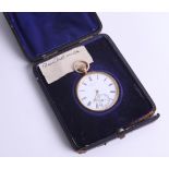 A gents 18ct gold open-face and keyless pocket watch, the dial marked 'Donne, London, 1149' with sub