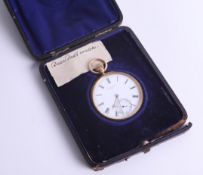 A gents 18ct gold open-face and keyless pocket watch, the dial marked 'Donne, London, 1149' with sub