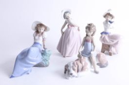 Lladro, a child sat upon a puppy and a dancing child, together with two Nao figures (4).