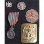 A French eagle belt buckle, Napoleon coin and three other objects. Part of the Late Reverend