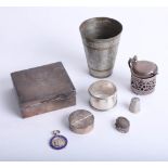 A silver mustard pot, silver hinge lid pill box and another, with napkin ring etc.