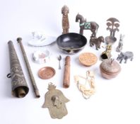 An eastern horn, various objects, bullet whisky dish, copperwares etc.