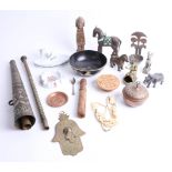 An eastern horn, various objects, bullet whisky dish, copperwares etc.