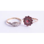 A 9ct garnet cluster ring, 2.2g, size P, together with an 18ct small diamond set ring, 2.1g, size