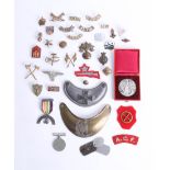 An assortment of various loose cap badges, including King's, Stafford, ATF cloth patch, a French