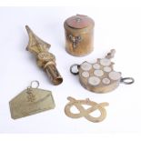 A collection of objects including staff mount marked RF, unusual water flask with eastern silver