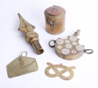 A collection of objects including staff mount marked RF, unusual water flask with eastern silver