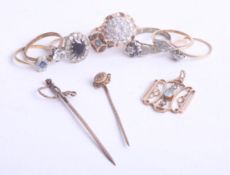 A collection of various 9ct gold dress rings etc, three 9ct gold rings and pendant approx 12.1g, two