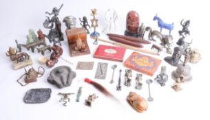 A collection of various interesting objects, ornaments, novelty bird bank, eastern objects etc.