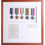 Five WWII medals, framed with medal list and railway operating note, regarding personnel of