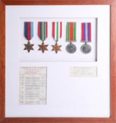 Five WWII medals, framed with medal list and railway operating note, regarding personnel of