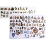 A collection of approx. 100 military cap and other badges displayed on two sheets including WWII