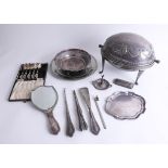 A collection of various silver plated wares, including domed food warmer, silver ring stand, part