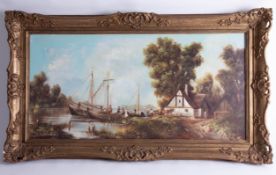 H.P.Uhlman? signed oil on canvas, traditional river scene, in gilt swept frame, overall size 57cm