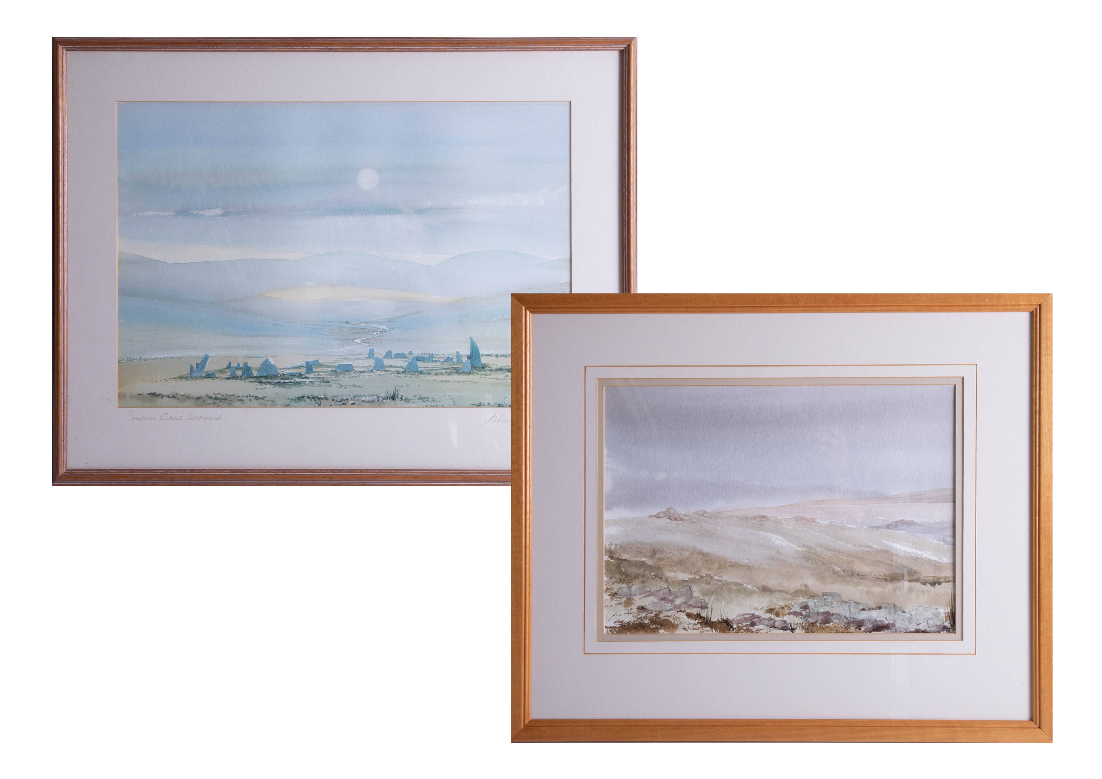 Two watercolours one of 'Scorhill Circle' Dartmoor and another, largest 29cm x 42cm, framed (2).