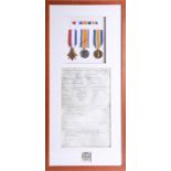 Three Great War medals, framed with a certificate of service, awarded to Benjamin Walter Worthy (b