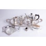 A collection of various silver plated wares including three piece service, dishes, twin handled