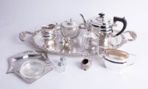 A collection of various silver plated wares including three piece service, dishes, twin handled