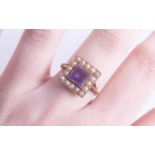 An 18ct square ring, set with pearls and amethysts, size M.