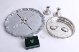 Silver whisky and sherry decanter labels, together with various silver plated wares, coins, American