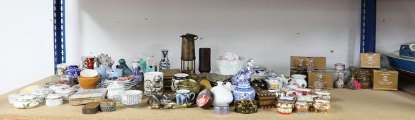 A collection of various scent bottles, ornaments, porcelain boxes, trinkets, lamp etc.