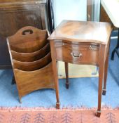 A reproduction small mahogany side table with fitted drawer and an oak magazine rack.