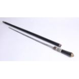 A swordstick with ebonised and bone cane, length 89cm.