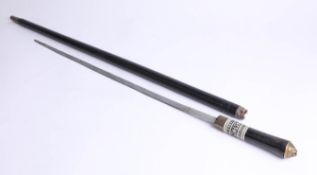 A swordstick with ebonised and bone cane, length 89cm.