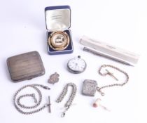 A silver cigarette case, silver cased pocket watch, silver vesta, ARP badge, guard chains and