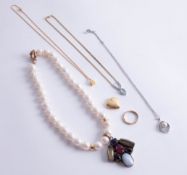A small gold bracelet, a 9ct gold cube necklace, dress jewellery etc.