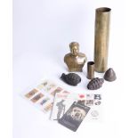 A collection of inert hand grenades, shell case and a brass bust of mayo Mao Tse Tung, some