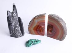 A collection of ancient fossil, quartz crystal bookends and malachite (4).