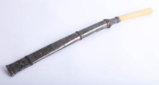 A 19th century Burmese sword Dha, having slightly curved single edge blade swollen to tip, silver