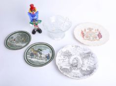 A Murano clown, 1953 royalty glass dish, jubilee plates and Adams plates, Dr Syntax.